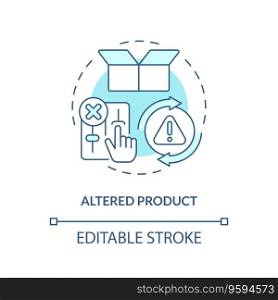 2D editable altered product thin line icon concept, isolated vector, blue illustration representing product liability.. 2D altered product blue line icon concept