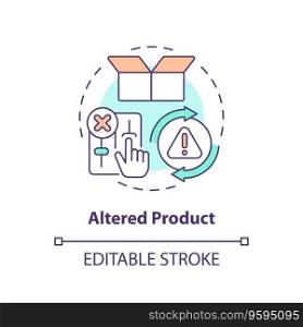 2D editable altered product thin line icon concept, isolated vector, multicolor illustration representing product liability.. 2D customizable altered product line icon concept