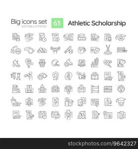 2D editable black big line icons set representing athletic scholarship, isolated vector, linear illustration.. Editable black big icon set for athletic scholarship