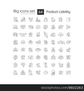 2D editable black big line icons set representing product liability, isolated vector, linear illustration.. Customizable black big icon set for product liability