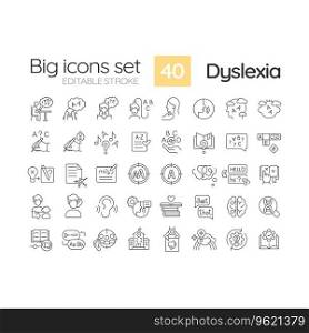 2D editable black big thin line icons set representing dyslexia, isolated vector, linear illustration.. 2D editable black big icons for dyslexia