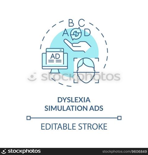 2D editable blue icon dyslexia simulation ads concept, simple isolated vector, dyslexia thin line illustration.. 2D blue line icon dyslexia simulation ads concept