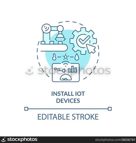 2D editable blue icon install IOT devices concept, isolated vector, predictive maintenance thin line monochromatic illustration.. 2D blue thin linear icon install IOT devices concept
