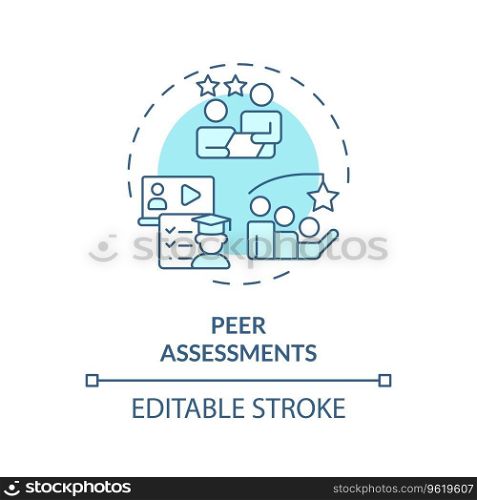 2D editable blue icon peer assessments concept, monochromatic isolated vector, MOOC thin line illustration.. 2D blue thin linear icon peer assessments concept