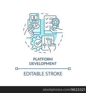 2D editable blue icon platform development concept, simple monochromatic isolated vector, C2C thin line illustration.. 2D blue thin linear icon platform development concept