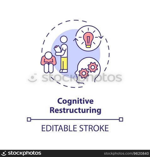 2D editable cognitive restructuring thin line icon concept, isolated vector, multicolor illustration representing behavioral therapy.. 2D customizable cognitive restructuring line icon concept