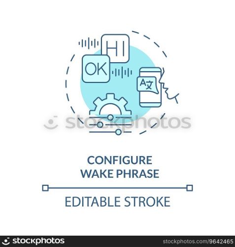2D editable configure wake process thin line blue icon concept, isolated vector, illustration representing voice assistant.. 2D configure wake process thin line blue icon concept