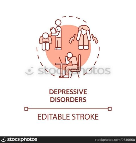 2D editable depressive disorders red thin line icon concept, isolated vector, monochromatic illustration representing behavioral therapy.. 2D depressive disorders red line icon concept