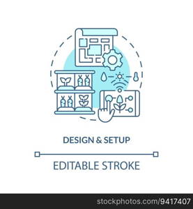 2D editable design and setup icon representing vertical farming and hydroponics concept, isolated vector, thin line illustration.. Linear customizable design and setup icon concept