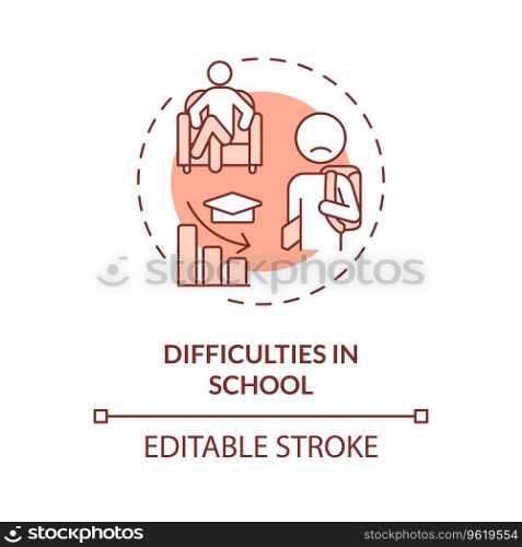 2D editable difficulties in school red thin line icon concept, isolated vector, monochromatic illustration representing behavioral therapy.. 2D difficulties in school red line icon concept