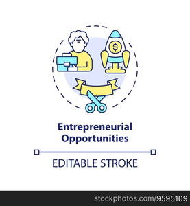 2D editable entrepreneurial opportunities thin line icon concept, isolated vector, multicolor illustration representing unretirement.. 2D entrepreneurial opportunities line icon concept