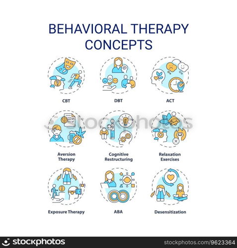 2D editable icons set representing behavioral therapy concepts, isolated vector, thin line colorful illustration.. Customizable icons representing behavioral therapy concepts