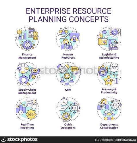 2D editable icons set representing enterprise resource planning concepts, isolated vector, thin line colorful illustration.. Customizable icons representing ERP concepts