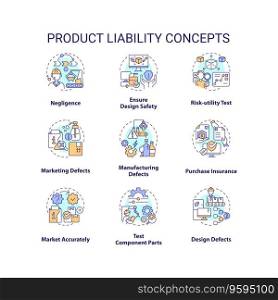 2D editable icons set representing product liability concepts, isolated vector, thin line colorful illustration.. Customizable icons representing product liability concepts
