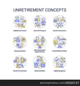 2D editable icons set representing unretirement concepts, isolated vector, thin line colorful illustration.. Customizable icons representing unretirement concepts