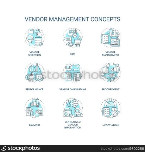 2D editable icons set representing vendor management concepts, isolated vector, thin line blue illustration.. Customizable blue icons representing vendor management concepts