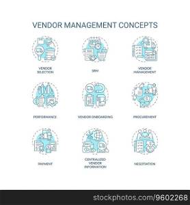 2D editable icons set representing vendor management concepts, isolated vector, thin line blue illustration.. Customizable blue icons representing vendor management concepts