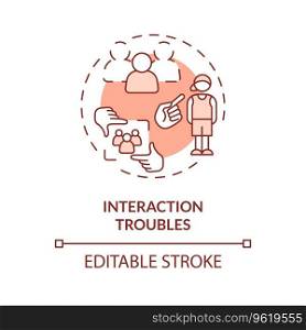 2D editable interaction troubles red thin line icon concept, isolated vector, monochromatic illustration representing behavioral therapy.. 2D interaction troubles red line icon concept