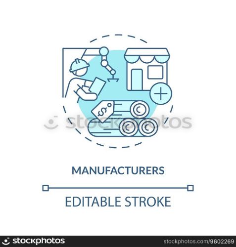 2D editable manufacturers thin line icon concept, isolated vector, blue illustration representing vendor management.. 2D customizable manufacturers blue icon concept