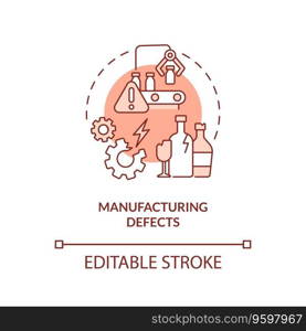 2D editable manufacturing defects thin line icon concept, isolated vector, red illustration representing product liability.. 2D manufacturing defects red line icon concept