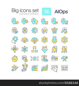 2D editable multicolor big line icons set representing AI ops, isolated vector, linear illustration.. Editable multicolor big icons set for AI ops