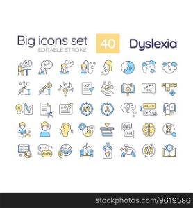 2D editable multicolor big line icons set representing dyslexia, isolated vector, linear illustration.. Editable multicolor big icons for dyslexia