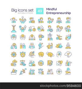 2D editable multicolor big line icons set representing mindful entrepreneurship, isolated vector, linear illustration.. Editable multicolor big icons for mindful entrepreneurship