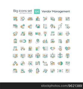 2D editable multicolor big line icons set representing vendor management, isolated vector, linear illustration.. Customizable multicolor big icon set for vendor management