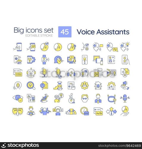 2D editable multicolor big line icons set representing voice assistant, isolated vector, linear illustration.. Editable multicolor big icon set for voice assistant
