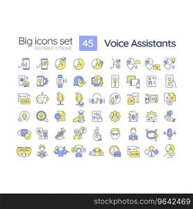 2D editable multicolor big line icons set representing voice assistant, isolated vector, linear illustration.. Editable multicolor big icon set for voice assistant