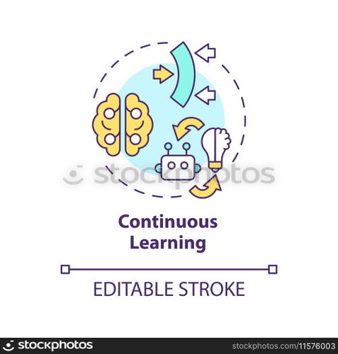 2D editable multicolor continuous learning icon, simple isolated vector, thin line illustration representing cognitive computing.. Thin line simple colorful continuous learning icon concept
