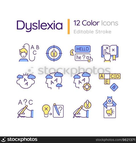 2D editable multicolor thin line icons set representing dyslexia, isolated vector, linear illustration.. Editable multicolor thin line icons for dyslexia