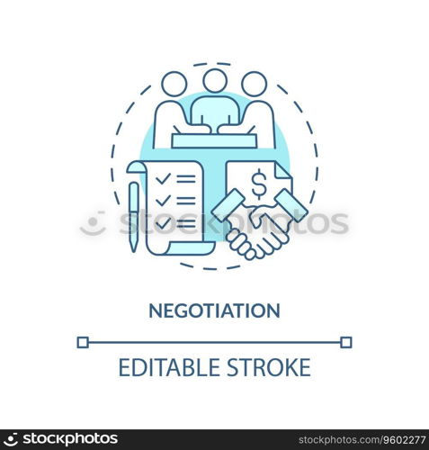 2D editable negotiation thin line icon concept, isolated vector, blue illustration representing vendor management.. 2D customizable negotiation blue icon concept