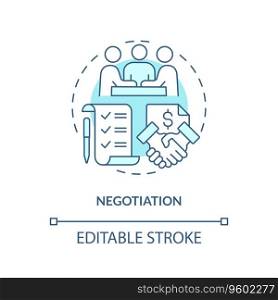 2D editable negotiation thin line icon concept, isolated vector, blue illustration representing vendor management.. 2D customizable negotiation blue icon concept