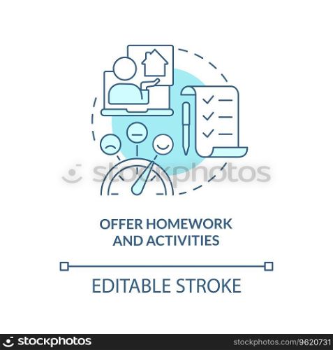2D editable offer homework and activities thin line blue icon concept, isolated vector, monochromatic illustration representing online therapy.. 2D offer homework and activities linear icon concept