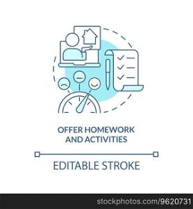 2D editable offer homework and activities thin line blue icon concept, isolated vector, monochromatic illustration representing online therapy.. 2D offer homework and activities linear icon concept
