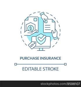 2D editable purchase insurance thin line icon concept, isolated vector, blue illustration representing product liability.. 2D purchase insurance blue line icon concept