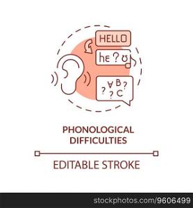 2D editable red icon phonological difficulties concept, simple isolated vector, dyslexia thin line illustration.. 2D red line icon phonological difficulties concept