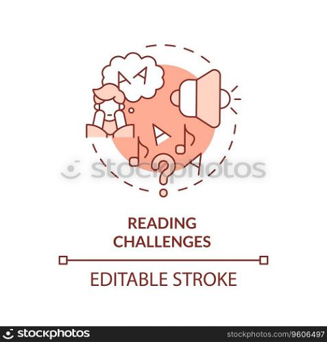 2D editable red icon reading challenges concept, simple isolated vector, dyslexia thin line illustration.. 2D red line icon reading challenges concept