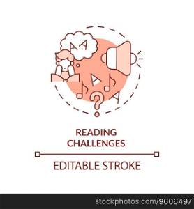 2D editable red icon reading challenges concept, simple isolated vector, dyslexia thin line illustration.. 2D red line icon reading challenges concept