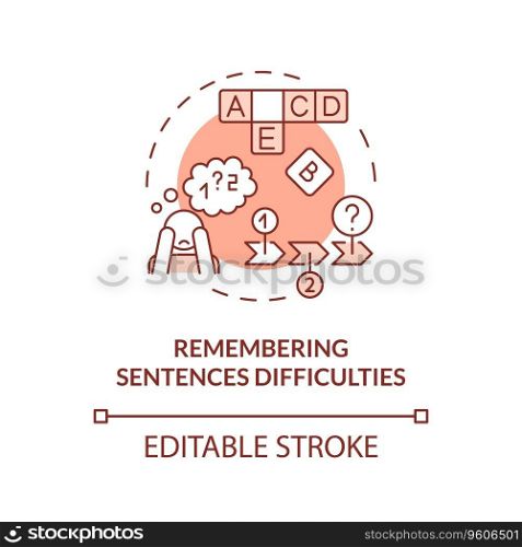 2D editable red icon remembering sentence difficulties concept, simple isolated vector, dyslexia thin line illustration.. 2D red line icon remembering sentence difficulties concept