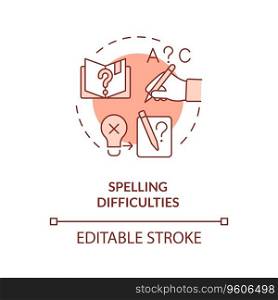 2D editable red icon spelling difficulties concept, simple isolated vector, dyslexia thin line illustration.. 2D red line icon spelling difficulties concept