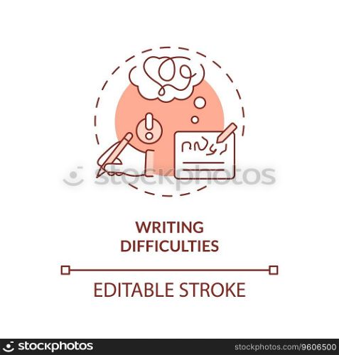 2D editable red icon writing difficulties concept, simple isolated vector, dyslexia thin line illustration.. 2D red line icon writing difficulties concept