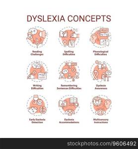 2D editable red thin line icons set representing dyslexia, isolated vector, linear illustration.. Editable red line icon set for dyslexia