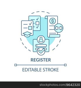 2D editable register blue thin line icon concept, isolated vector, illustration representing athletic scholarship.. 2D customizable register line icon concept