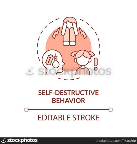 2D editable self destructive behavior red thin line icon concept, isolated vector, monochromatic illustration representing behavioral therapy.. 2D self destructive behavior red line icon concept