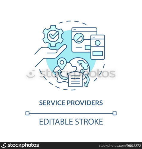 2D editable service providers thin line icon concept, isolated vector, blue illustration representing vendor management.. 2D customizable service providers blue icon concept