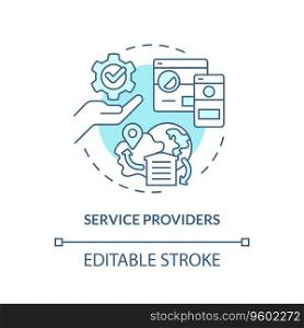 2D editable service providers thin line icon concept, isolated vector, blue illustration representing vendor management.. 2D customizable service providers blue icon concept