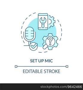 2D editable set up mic thin line blue icon concept, isolated vector, illustration representing voice assistant.. 2D set up mic thin line blue icon concept