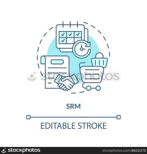 2D editable SRM thin line icon concept, isolated vector, blue illustration representing vendor management.. 2D customizable SRM blue icon concept